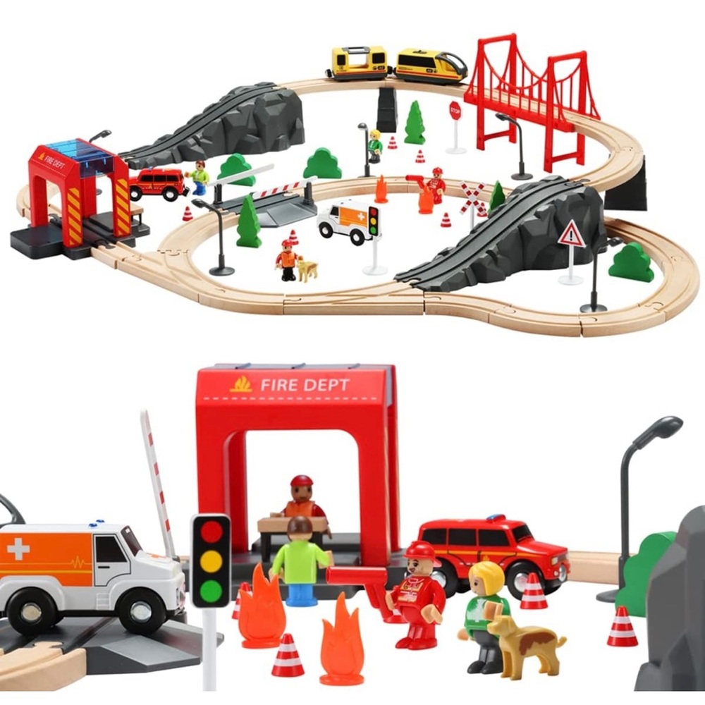 NIB 72PCS Wooden Train Tracks & Trains - Fire Rescue